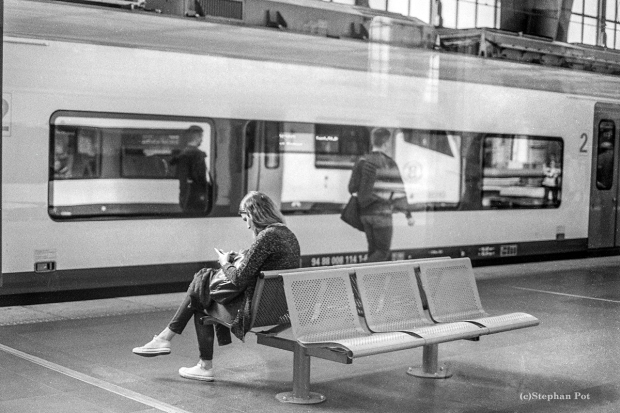Girl Texting (2015) Olympus OM-2n with 50mm f1.4 and loaded with Ilford FP4+